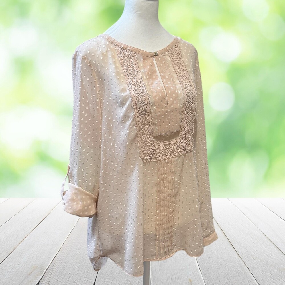Vtg Y2K DANIEL RAINN Clip Dot Peasant Blouse Ballet Pink Crochet Roll Tab Size M